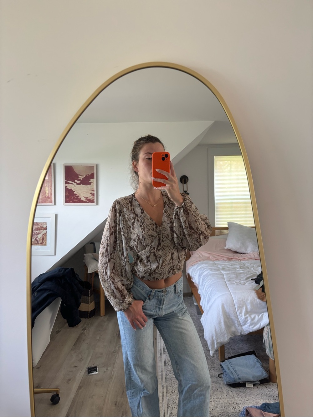 Bardot Brown Snake-Print V-Neck Balloon-Sleeve Crop Top